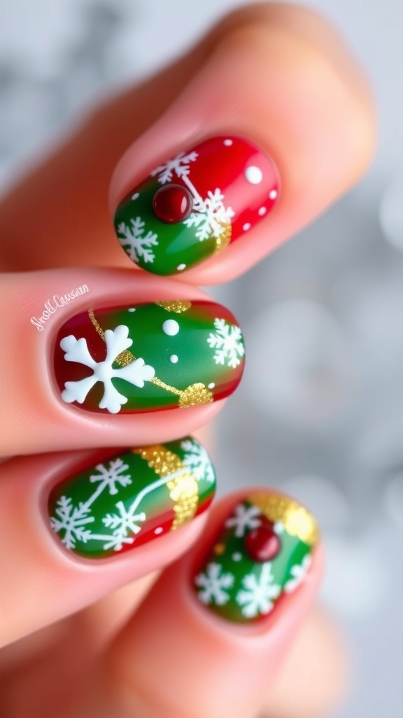 Festive Short Christmas Nail Designs Short Christmas nails painted red and green with snowflakes and glitter.